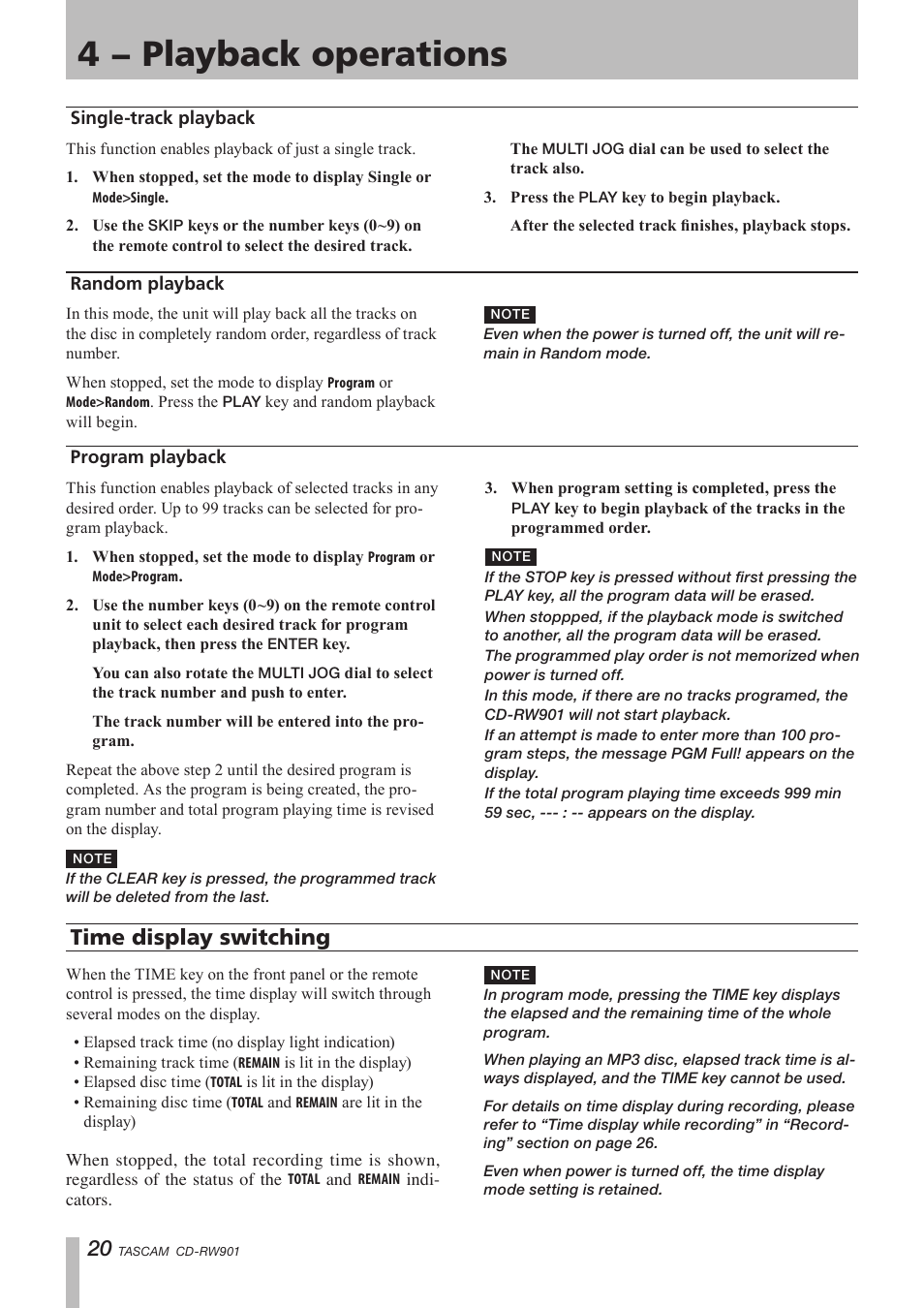 Single-track playback, Random playback, Program playback | Time display switching, 4 − playback operations | Teac CD-RW901 User Manual | Page 20 / 40