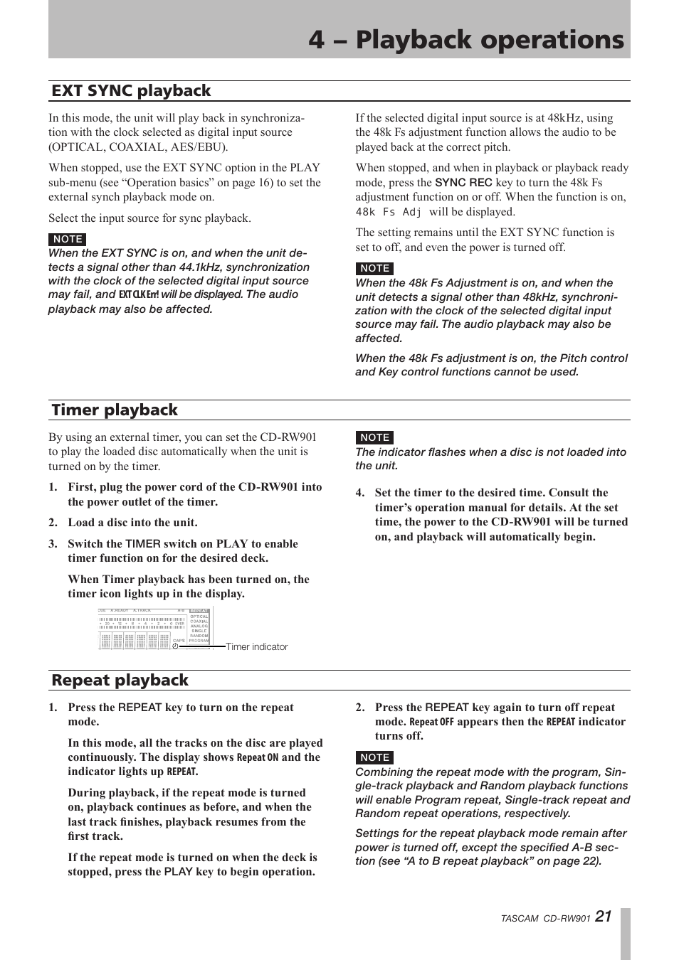 Ext sync playback, Timer playback, Repeat playback | 4 − playback operations, 1 repeat playback | Teac CD-RW901 User Manual | Page 21 / 40