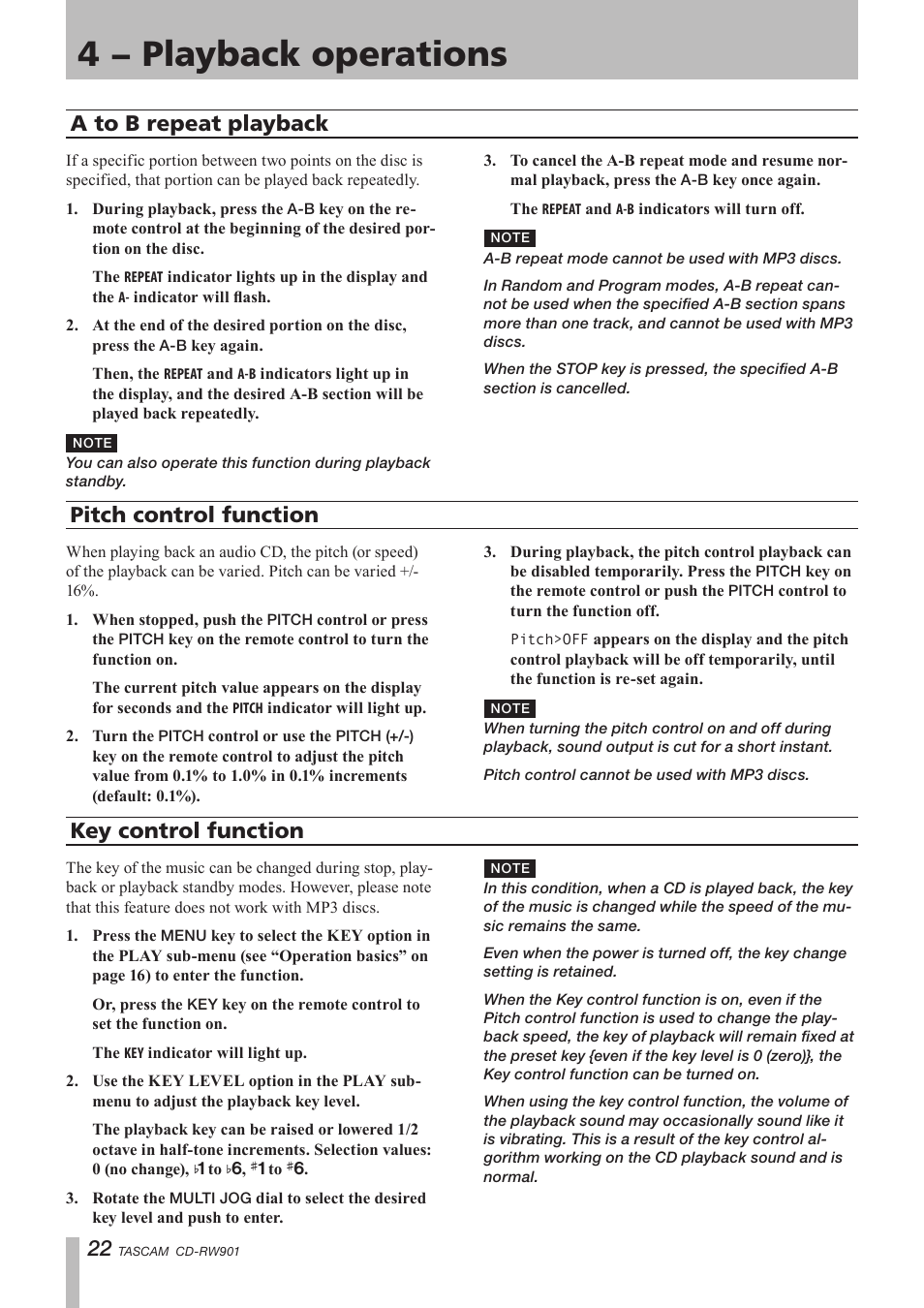 A to b repeat playback, Pitch control function, Key control function | 4 − playback operations | Teac CD-RW901 User Manual | Page 22 / 40