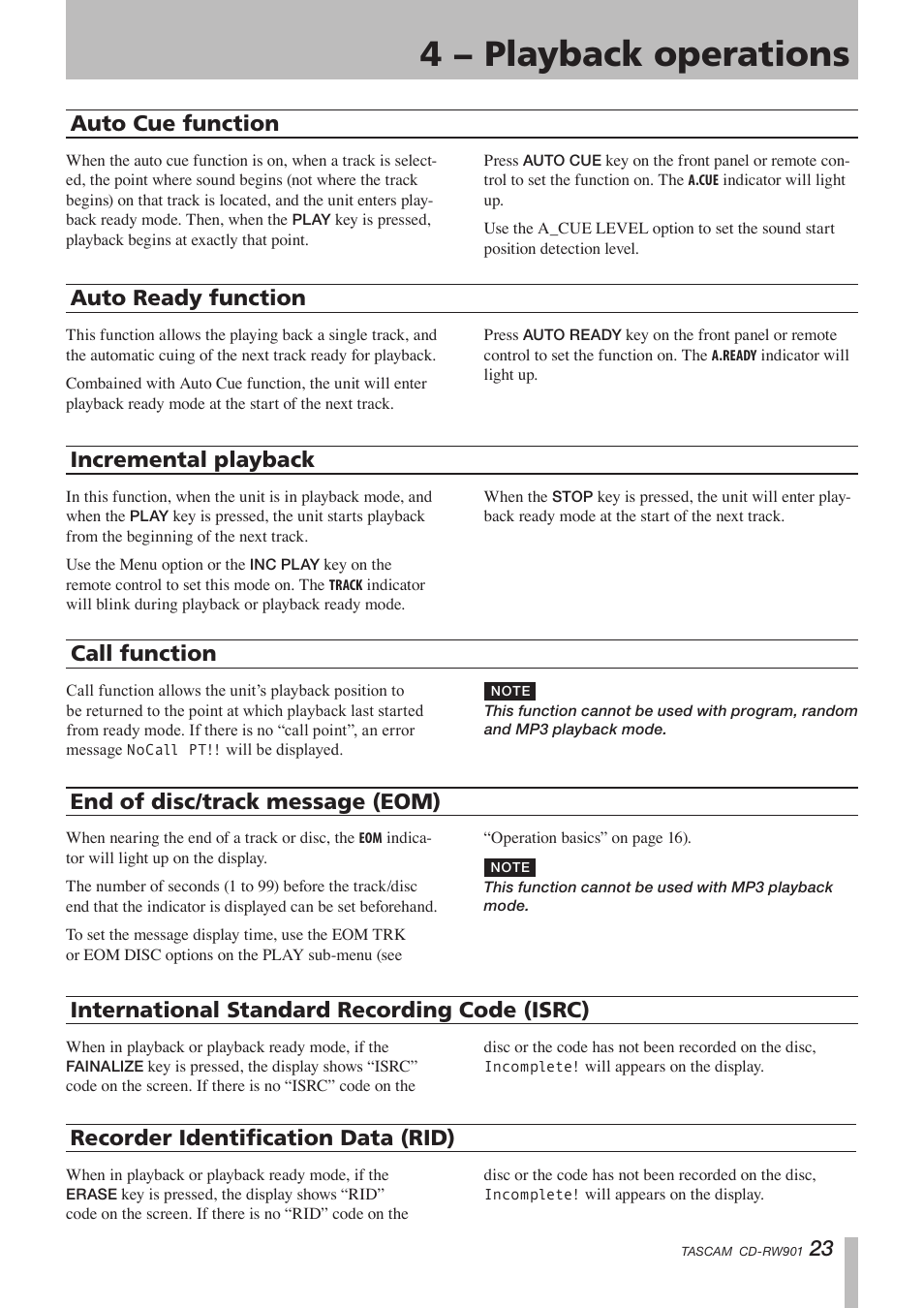 Auto cue function, Auto ready function, Incremental playback | Call function, End of disc/track message (eom), International standard recording code (isrc), Recorder identification data (rid), International standard recording code (isrc) . 23, 4 − playback operations | Teac CD-RW901 User Manual | Page 23 / 40