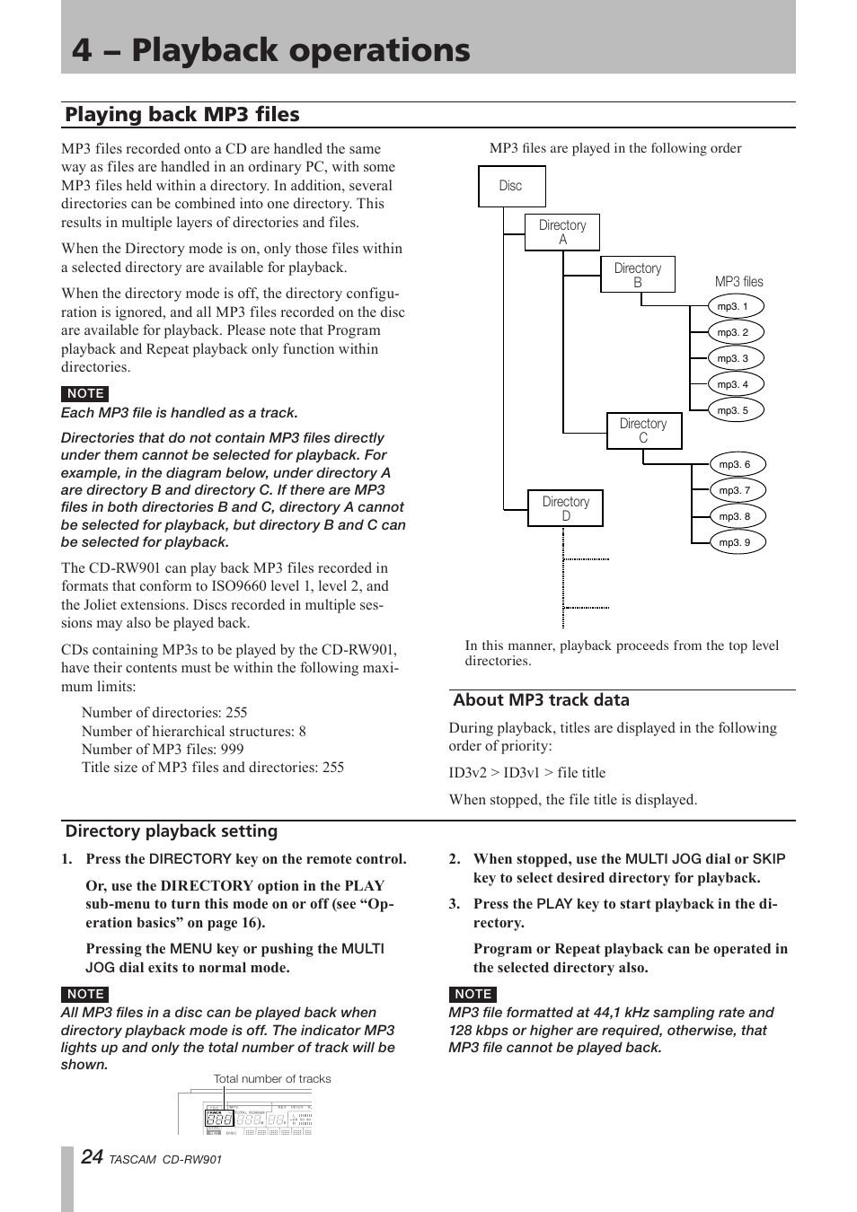 Playing back mp3 files, About mp3 track data, Directory playback setting | Directory playback setting about mp3 track data, 4 − playback operations | Teac CD-RW901 User Manual | Page 24 / 40