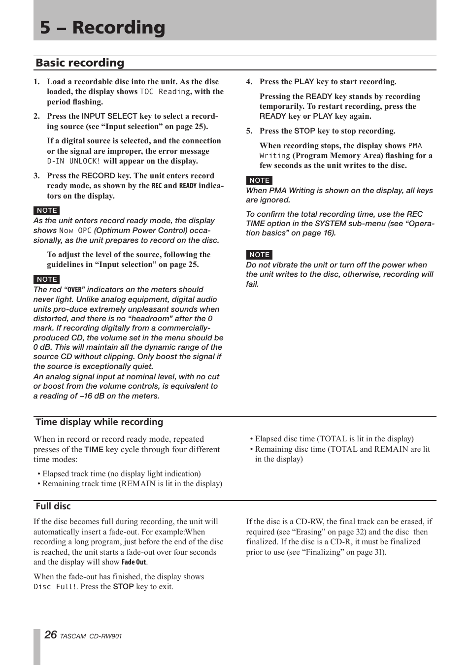 Basic recording, Time display while recording, Full disc | Time display while recording full disc, 5 − recording | Teac CD-RW901 User Manual | Page 26 / 40