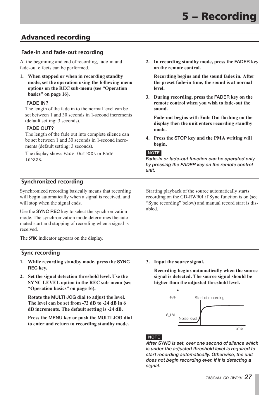 Advanced recording, Fade-in and fade-out recording, Synchronized recording | Sync recording, 5 − recording | Teac CD-RW901 User Manual | Page 27 / 40