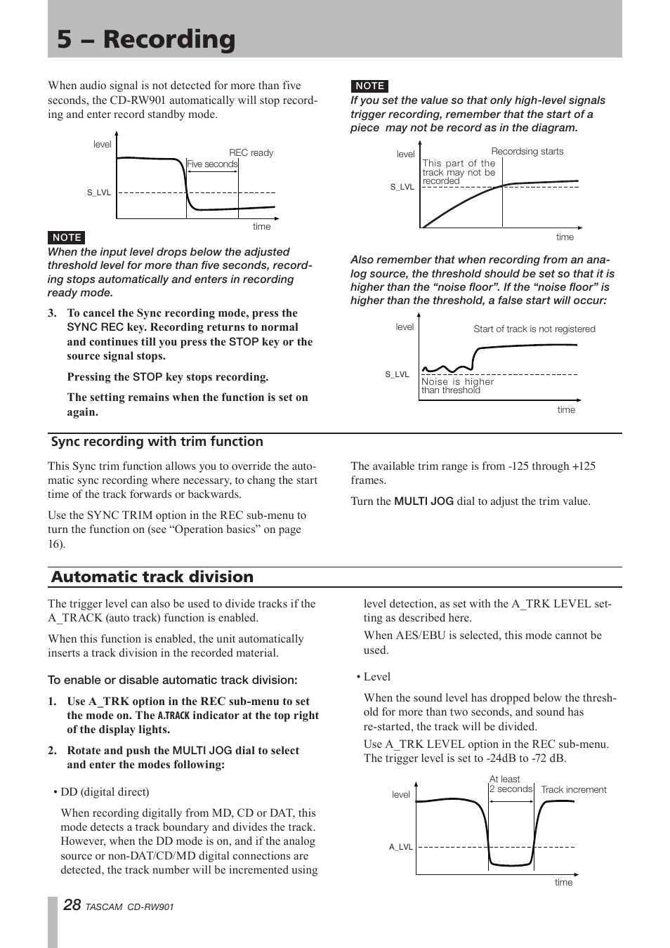 Sync recording with trim function, Automatic track division, 5 − recording | Teac CD-RW901 User Manual | Page 28 / 40