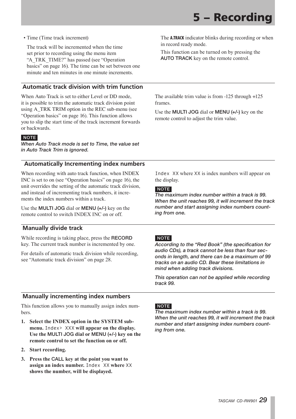 Automatic track division with trim function, Automatically incrementing index numbers, Manually divide track | Manually incrementing index numbers, 5 − recording | Teac CD-RW901 User Manual | Page 29 / 40