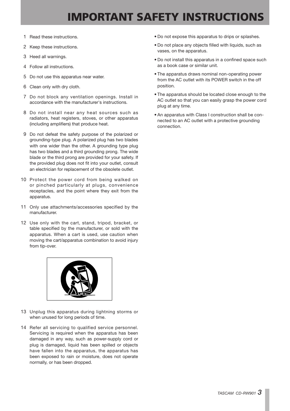1 − introduction, Important safety instructions | Teac CD-RW901 User Manual | Page 3 / 40