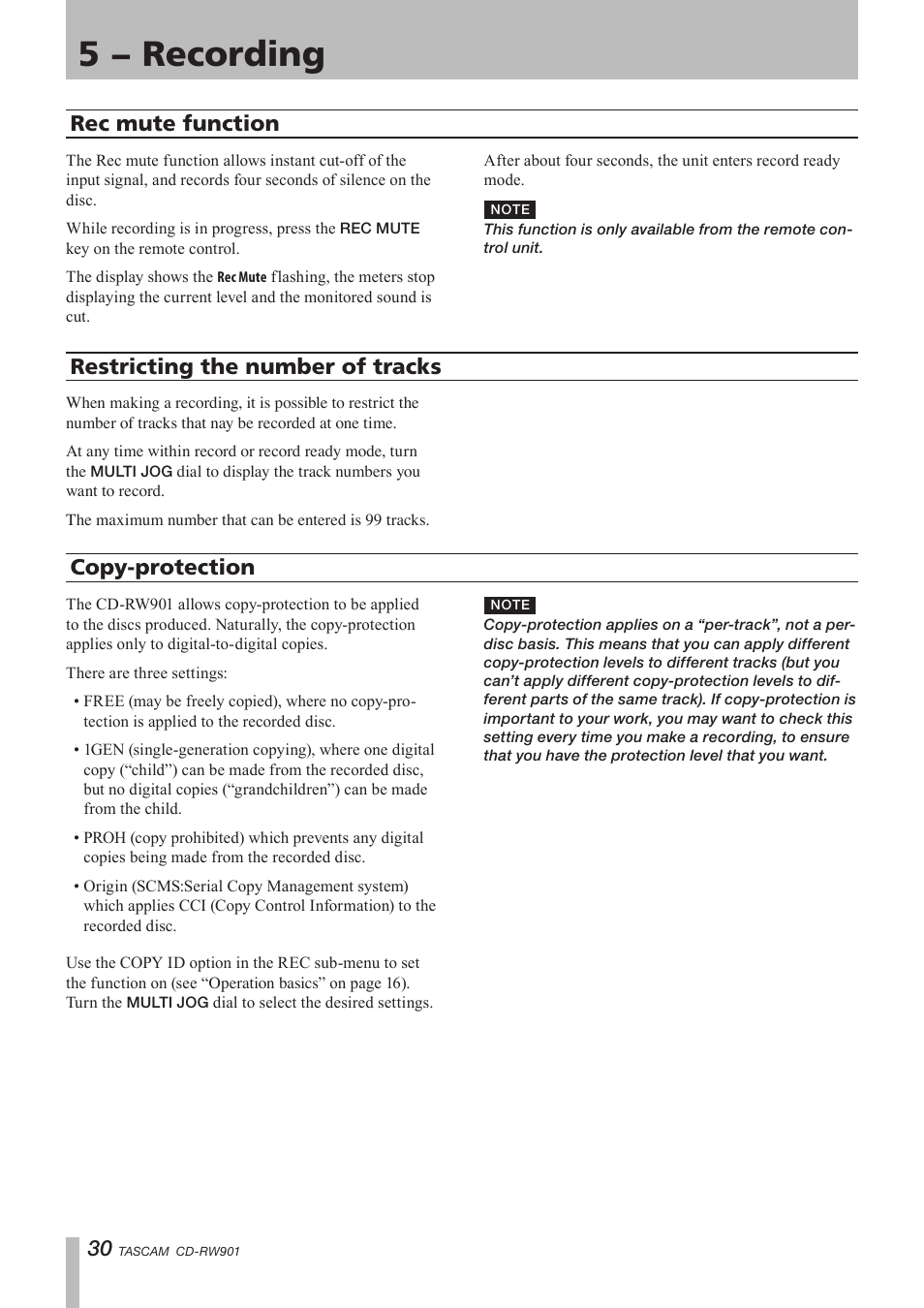Rec mute function, Restricting the number of tracks, Copy-protection | 5 − recording | Teac CD-RW901 User Manual | Page 30 / 40