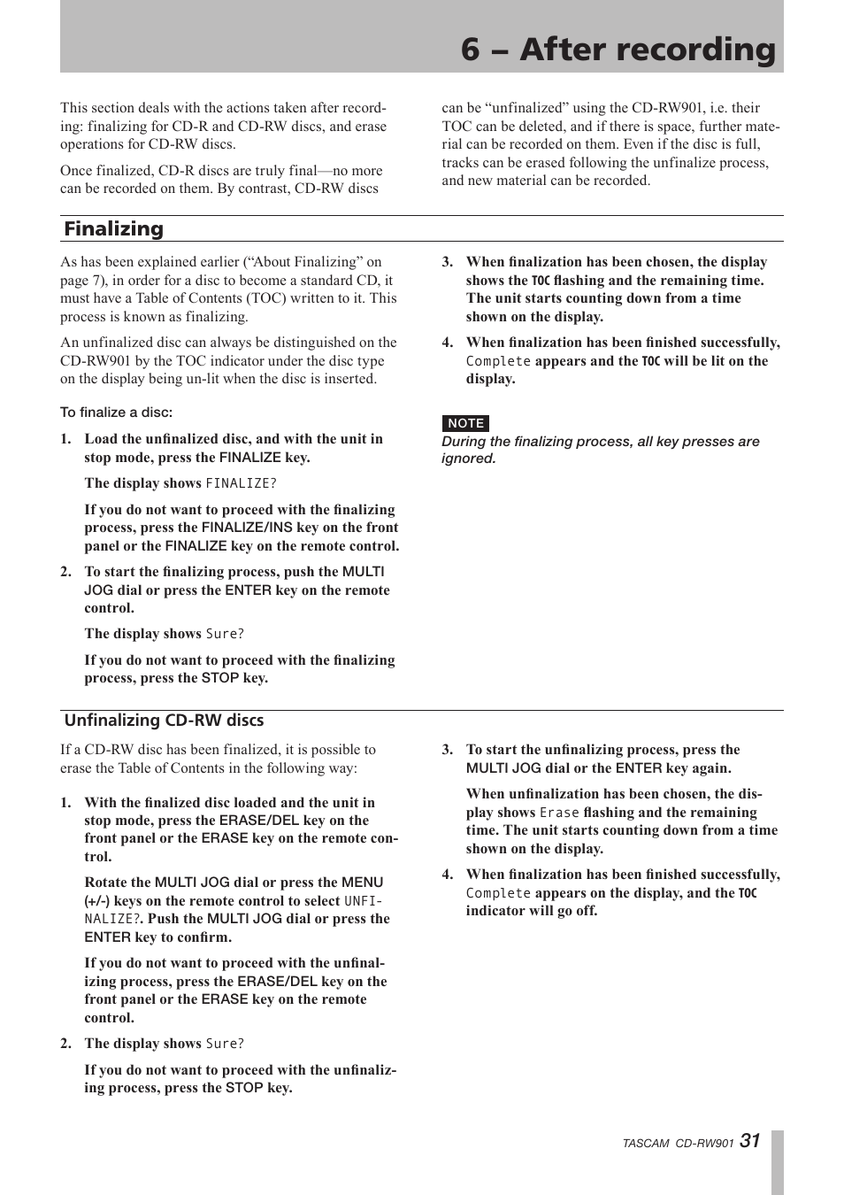 6 − after recording, Finalizing, Unfinalizing cd-rw discs | 1 finalizing | Teac CD-RW901 User Manual | Page 31 / 40