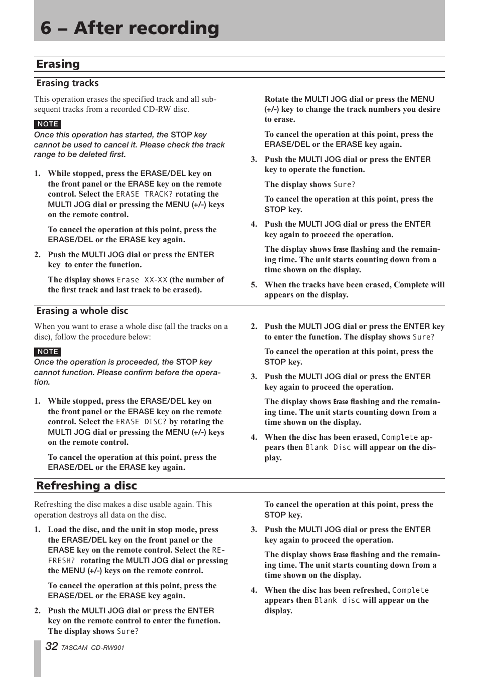 Erasing, Erasing tracks, Erasing a whole disc | Refreshing a disc, Erasing tracks erasing a whole disc, 6 − after recording | Teac CD-RW901 User Manual | Page 32 / 40