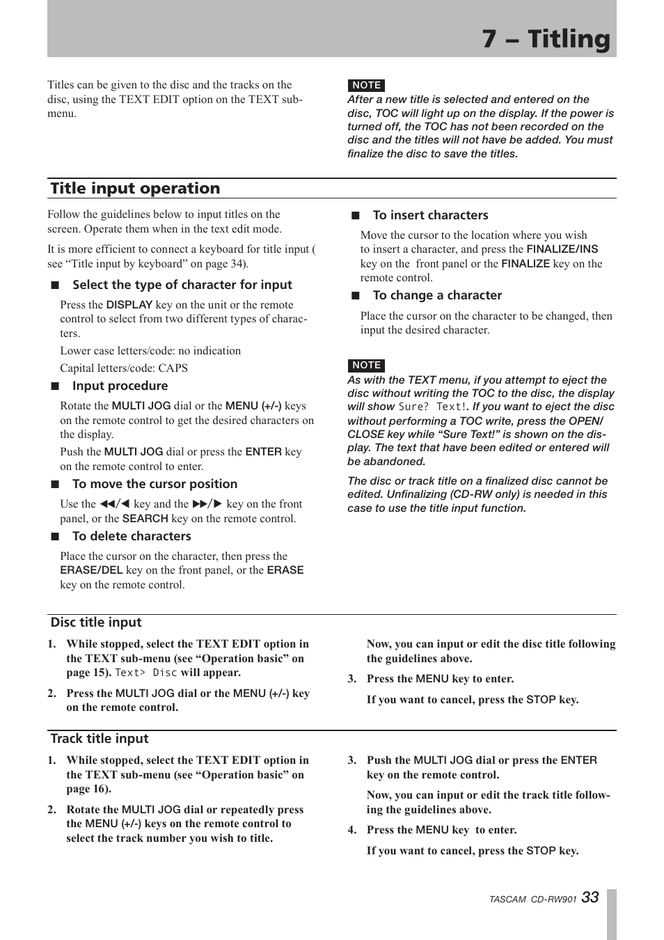 Title input operation, Disc title input, Track title input | 7 − titling, Disc title input track title input | Teac CD-RW901 User Manual | Page 33 / 40