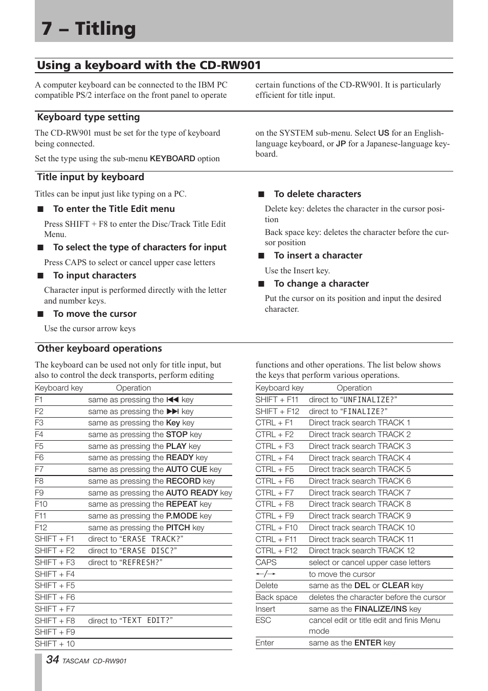 7 − titling, Using a keyboard with the cd-rw901, Keyboard type setting | Title input by keyboard, Other keyboard operations, Keyboard type setting title input by keyboard | Teac CD-RW901 User Manual | Page 34 / 40