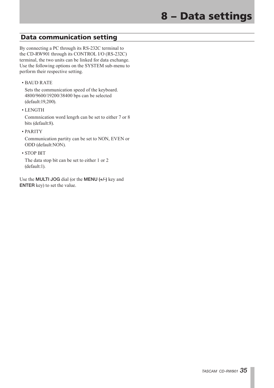 8 − data settings, Data communication setting | Teac CD-RW901 User Manual | Page 35 / 40
