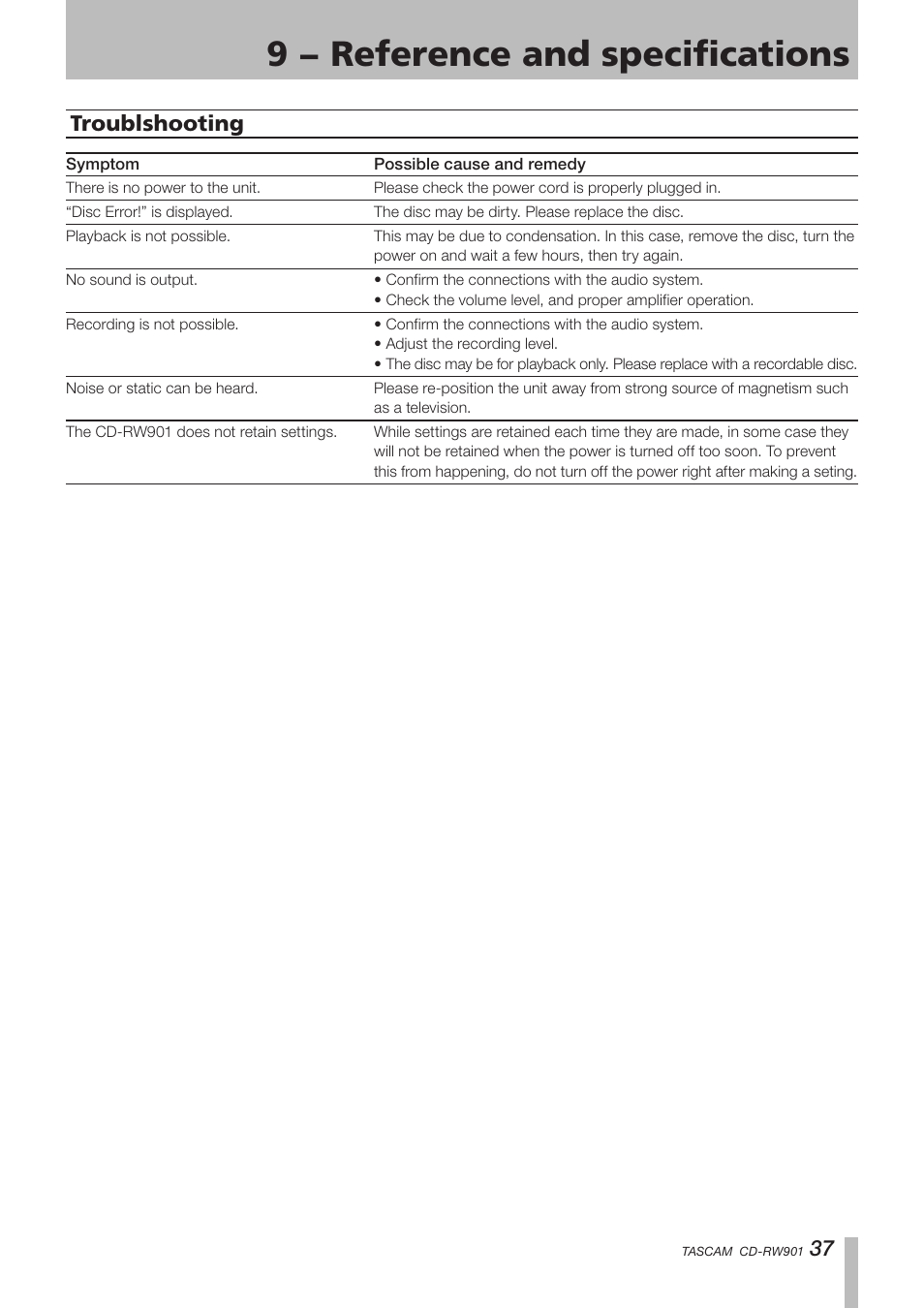 Troublshooting, 9 − reference and specifications | Teac CD-RW901 User Manual | Page 37 / 40