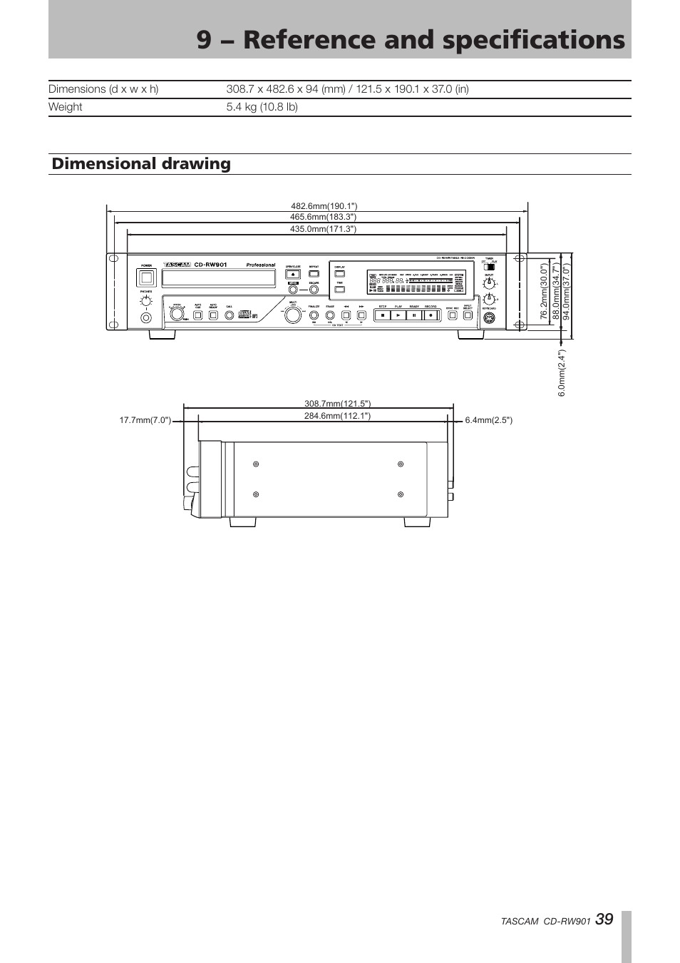 Dimensional drawing, 9 − reference and specifications, 9 dimensional drawing | Teac CD-RW901 User Manual | Page 39 / 40