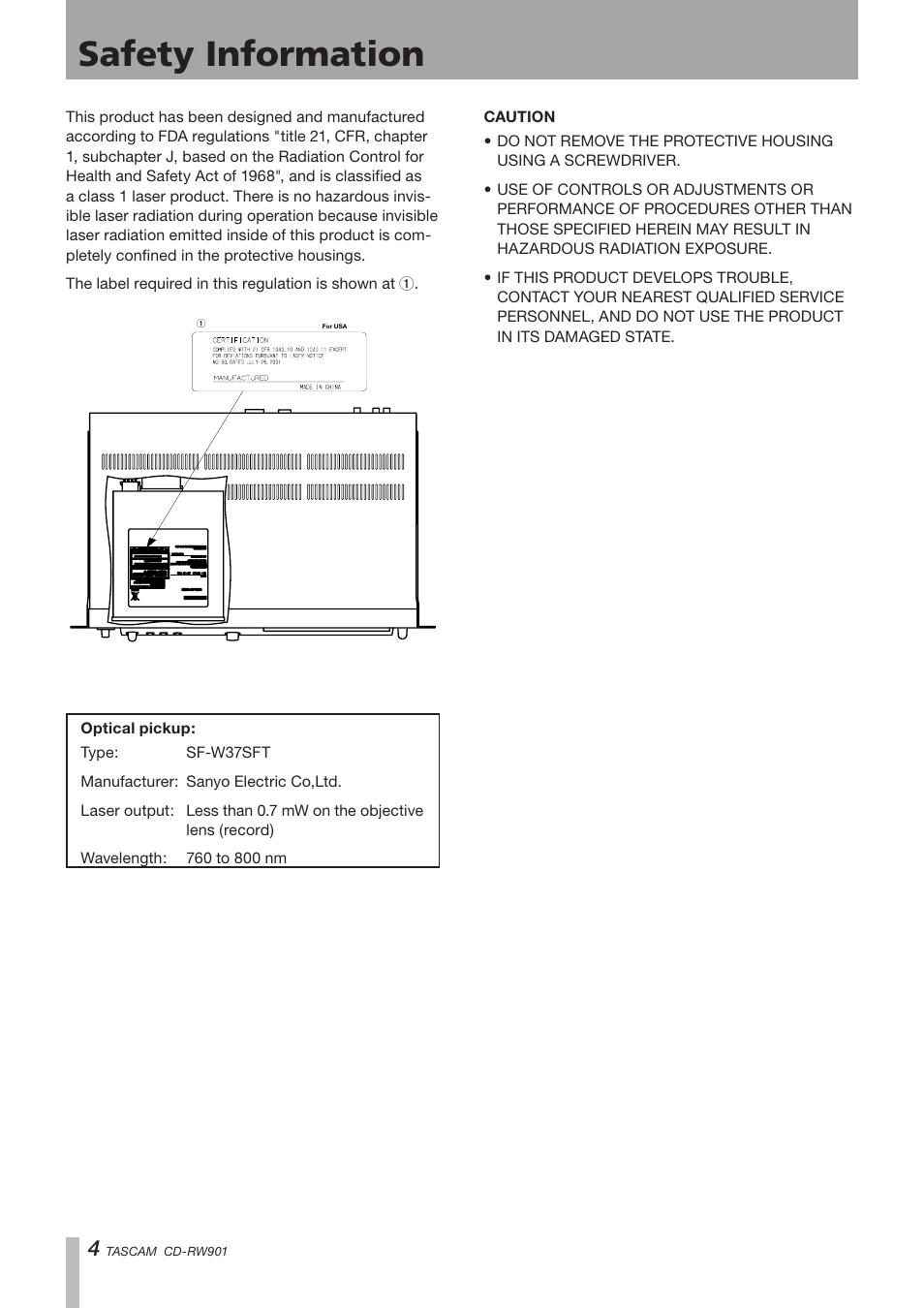 1 − introduction, Safety information | Teac CD-RW901 User Manual | Page 4 / 40