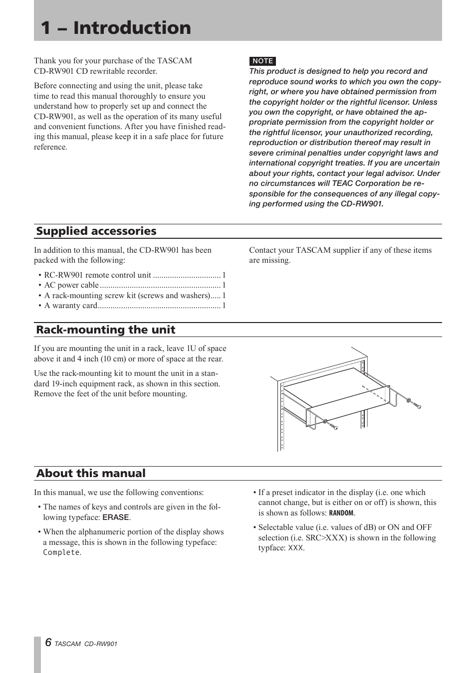 1 − introduction, Supplied accessories, Rack-mounting the unit | About this manual | Teac CD-RW901 User Manual | Page 6 / 40