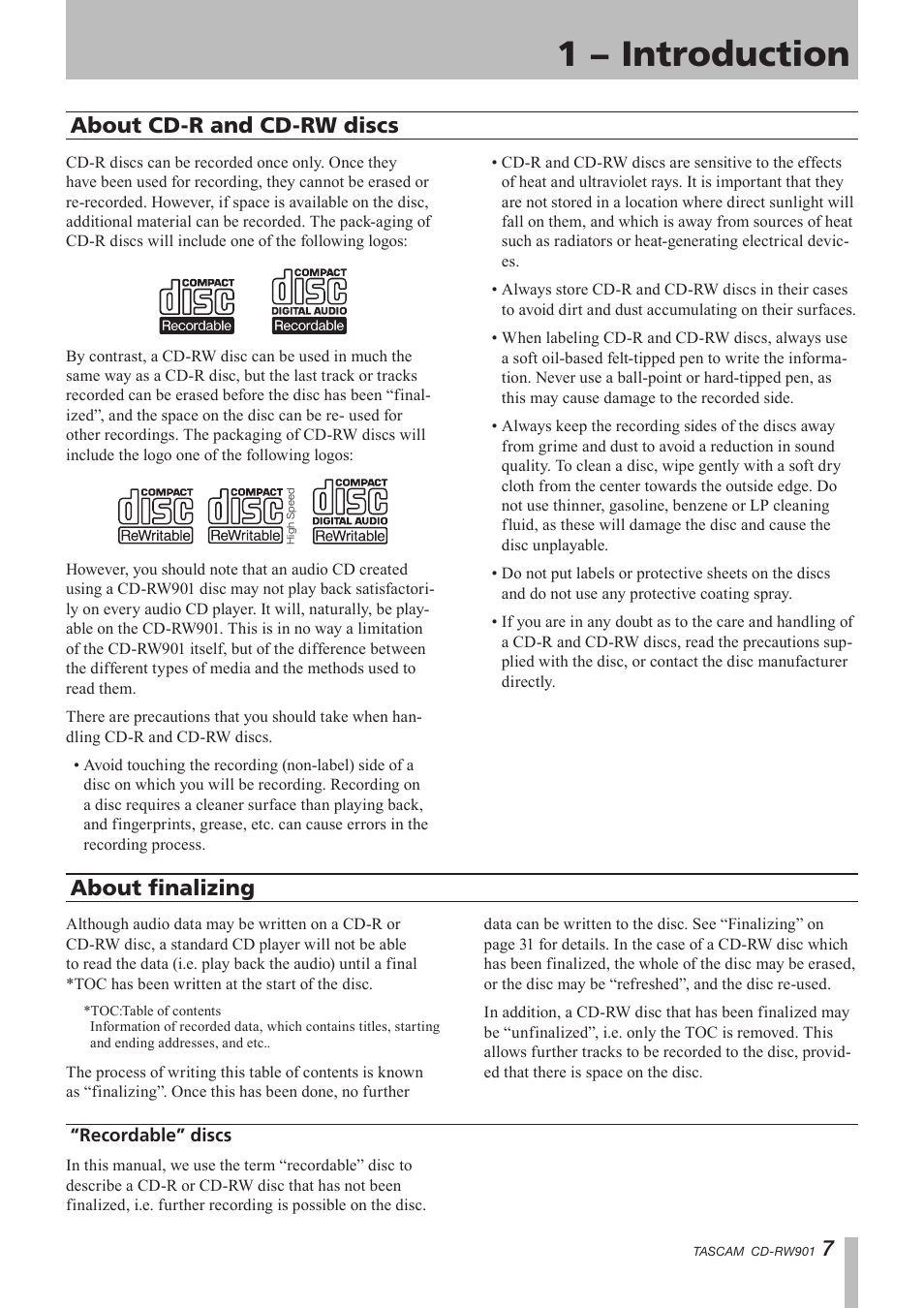 About cd-r and cd-rw discs, About finalizing, Recordable” discs | 1 − introduction | Teac CD-RW901 User Manual | Page 7 / 40