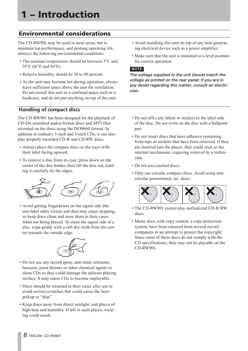 Environmental considerations, Handling of compact discs, 1 − introduction | Teac CD-RW901 User Manual | Page 8 / 40