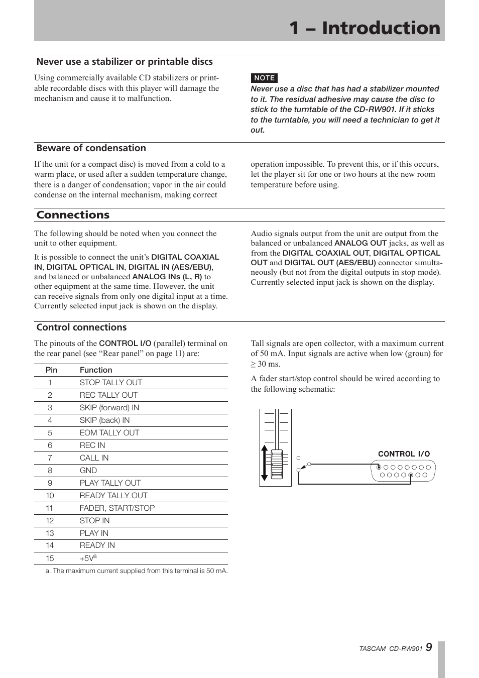 Never use a stabilizer or printable discs, Beware of condensation, Connections | Control connections, 1 − introduction | Teac CD-RW901 User Manual | Page 9 / 40