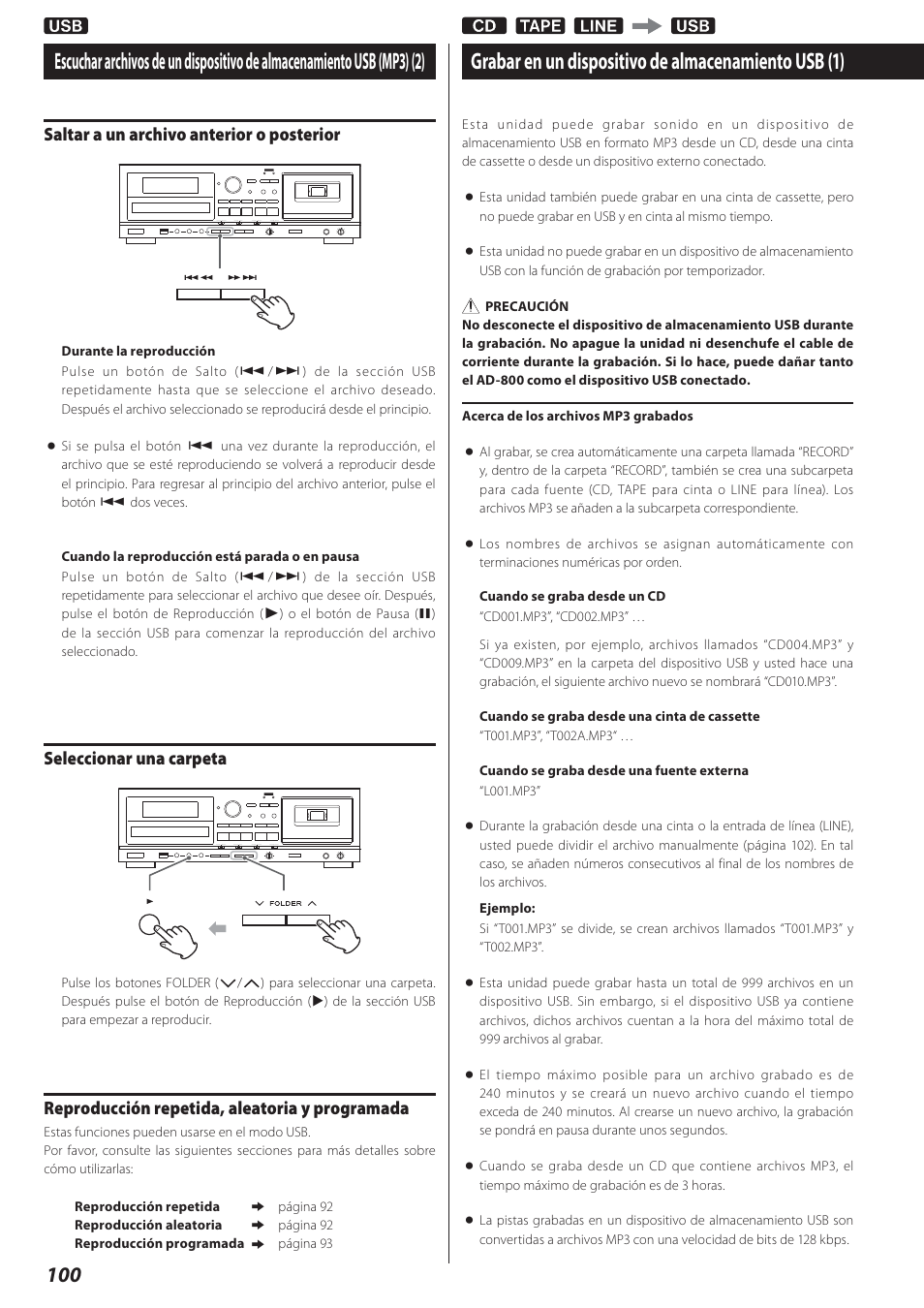 Grabar en un dispositivo de almacenamiento usb, Grabar en un dispositivo de almacenamiento usb (1), Saltar a un archivo anterior o posterior | Seleccionar una carpeta, Reproducción repetida, aleatoria y programada | Teac AD-800 User Manual | Page 100 / 112