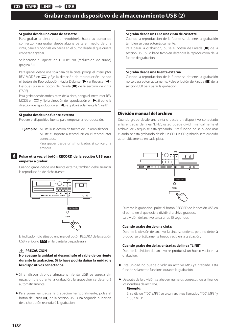 Grabar en un dispositivo de almacenamiento usb (2), División manual del archivo | Teac AD-800 User Manual | Page 102 / 112