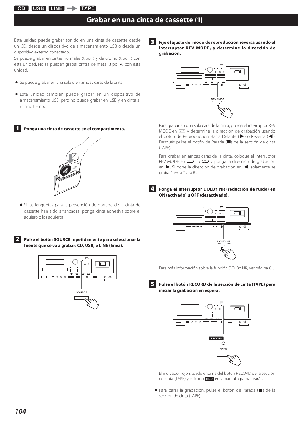 Grabar en una cinta de cassette, Grabar en una cinta de cassette (1) | Teac AD-800 User Manual | Page 104 / 112