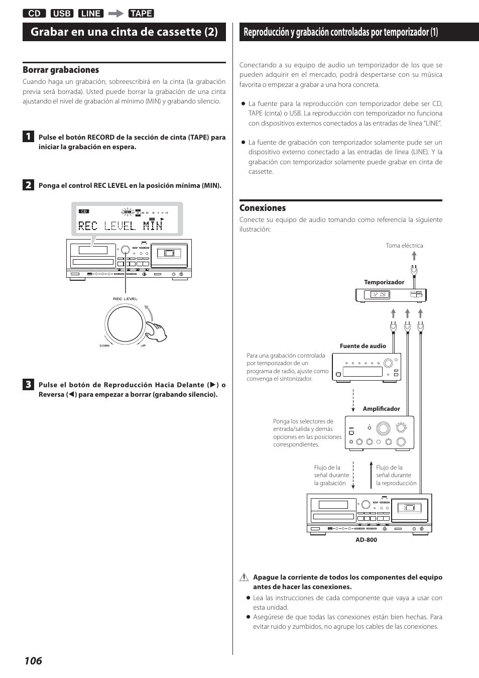 Grabar en una cinta de cassette (2), Borrar grabaciones, Conexiones | Teac AD-800 User Manual | Page 106 / 112