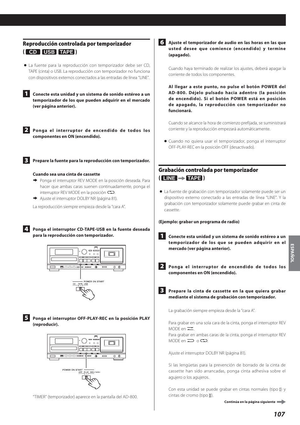 Reproducción controlada por temporizador, Grabación controlada por temporizador | Teac AD-800 User Manual | Page 107 / 112