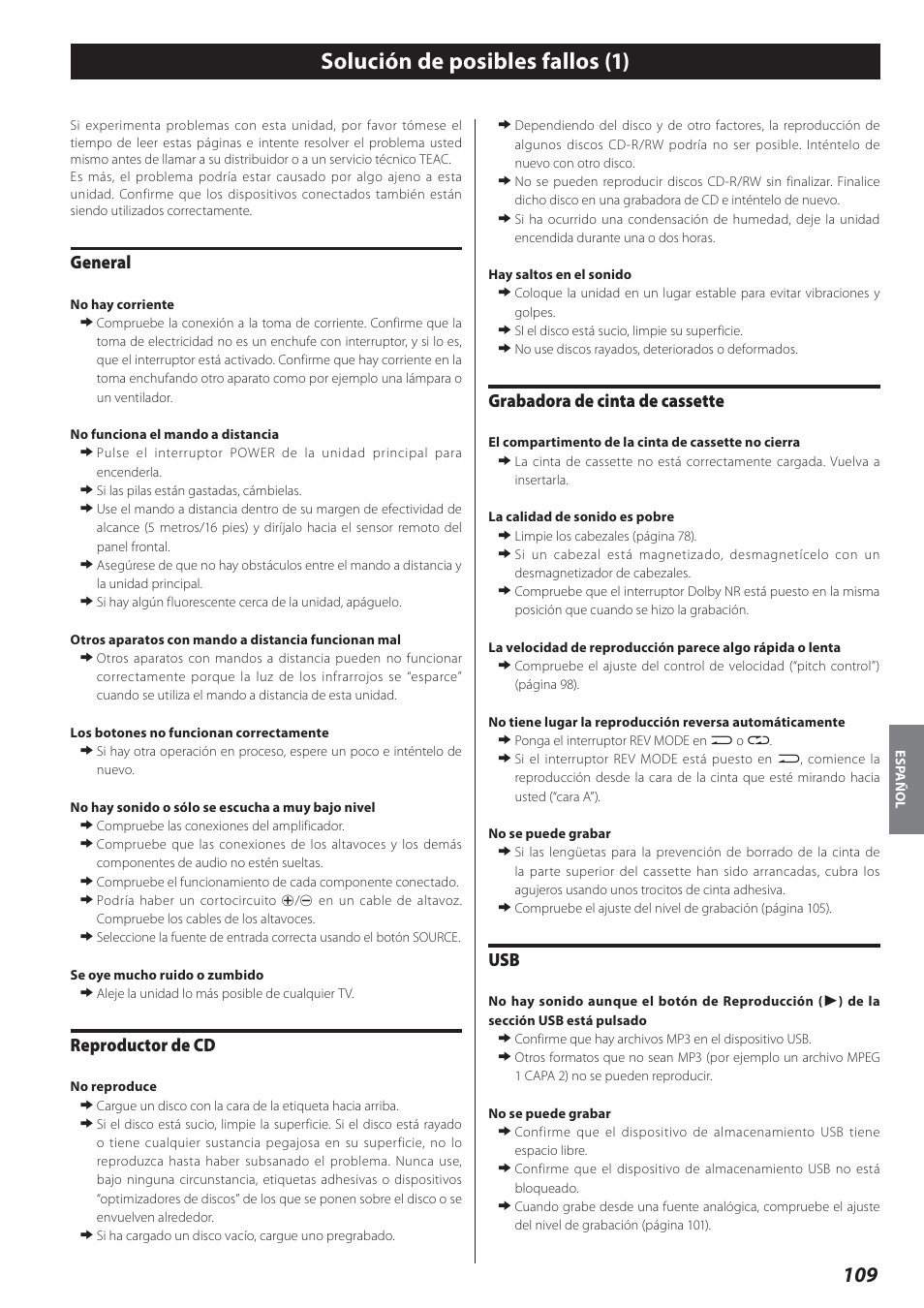 Solución de posibles fallos, Solución de posibles fallos (1), General | Reproductor de cd, Grabadora de cinta de cassette | Teac AD-800 User Manual | Page 109 / 112