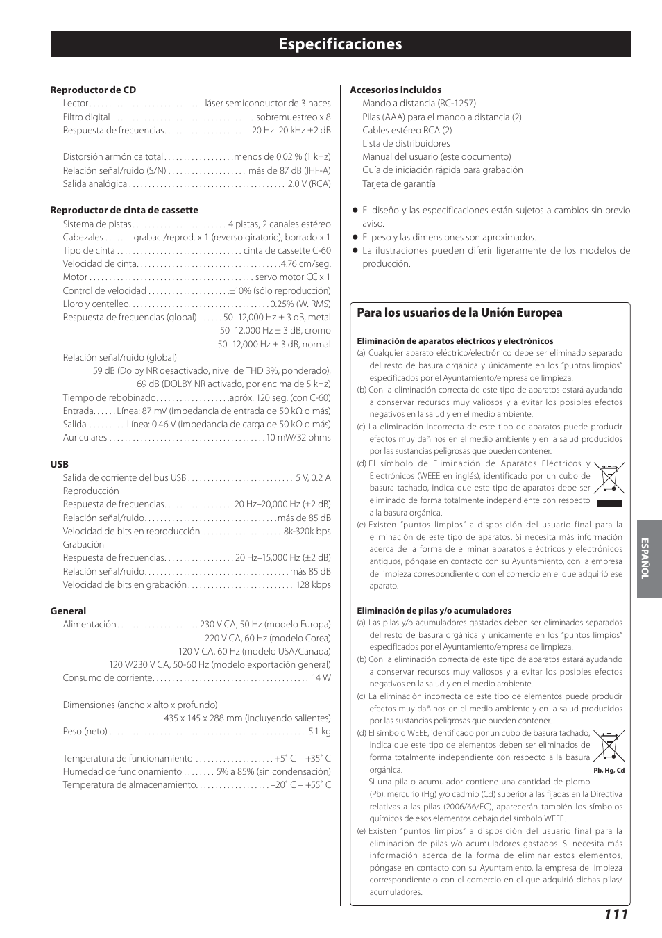 Especificaciones, Para los usuarios de la unión europea | Teac AD-800 User Manual | Page 111 / 112