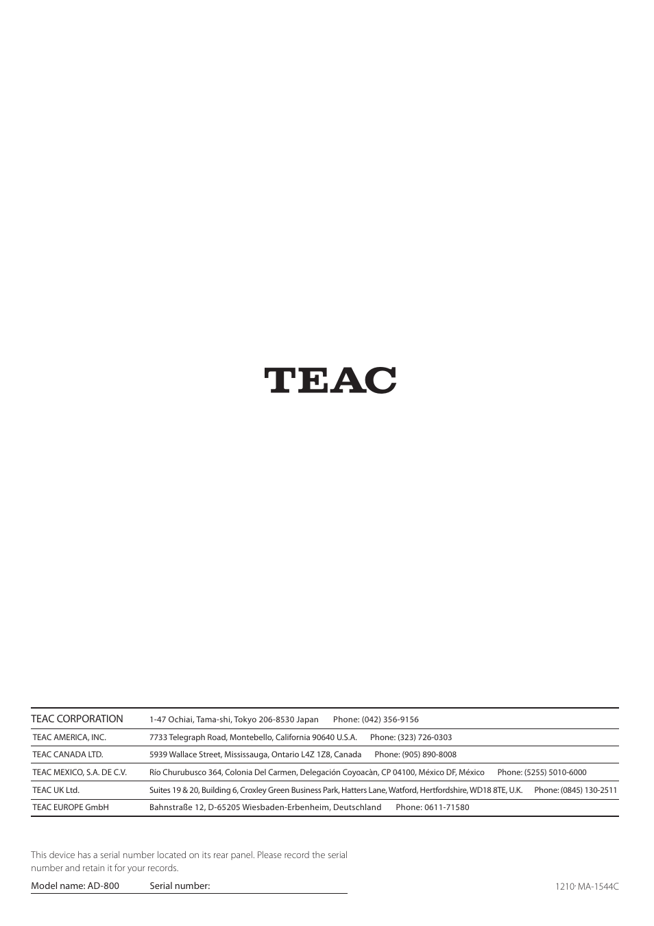 Teac AD-800 User Manual | Page 112 / 112