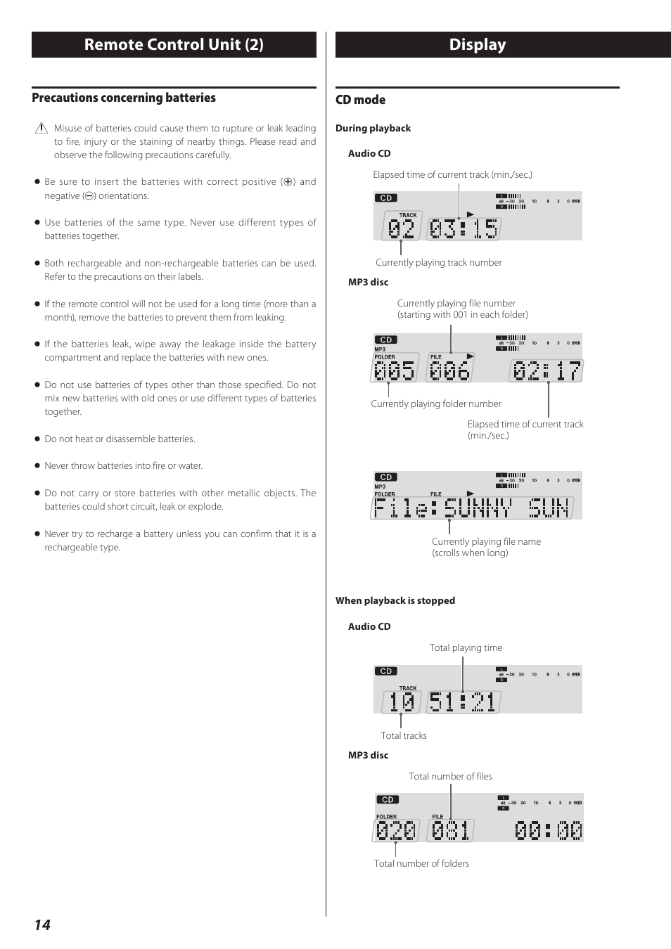 Display, Remote control unit (2), Cd mode | Precautions concerning batteries | Teac AD-800 User Manual | Page 14 / 112