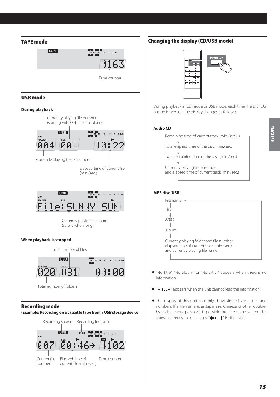 Tape mode, Usb mode, Recording mode | Changing the display (cd/usb mode) | Teac AD-800 User Manual | Page 15 / 112