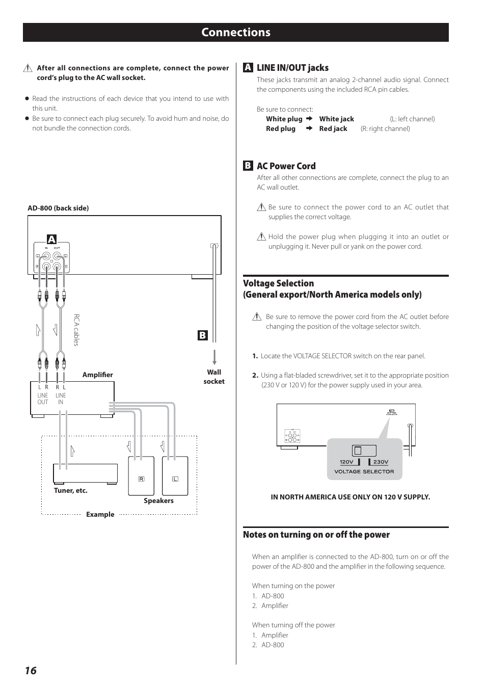 Connections, Aline in/out jacks, Bac power cord | Teac AD-800 User Manual | Page 16 / 112