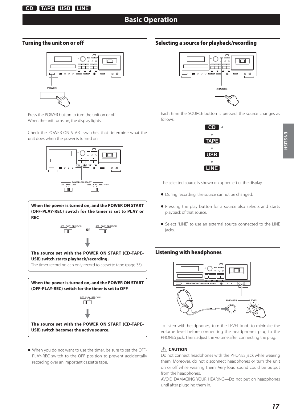 Basic operation, Turning the unit on or off, Selecting a source for playback/recording | Listening with headphones | Teac AD-800 User Manual | Page 17 / 112