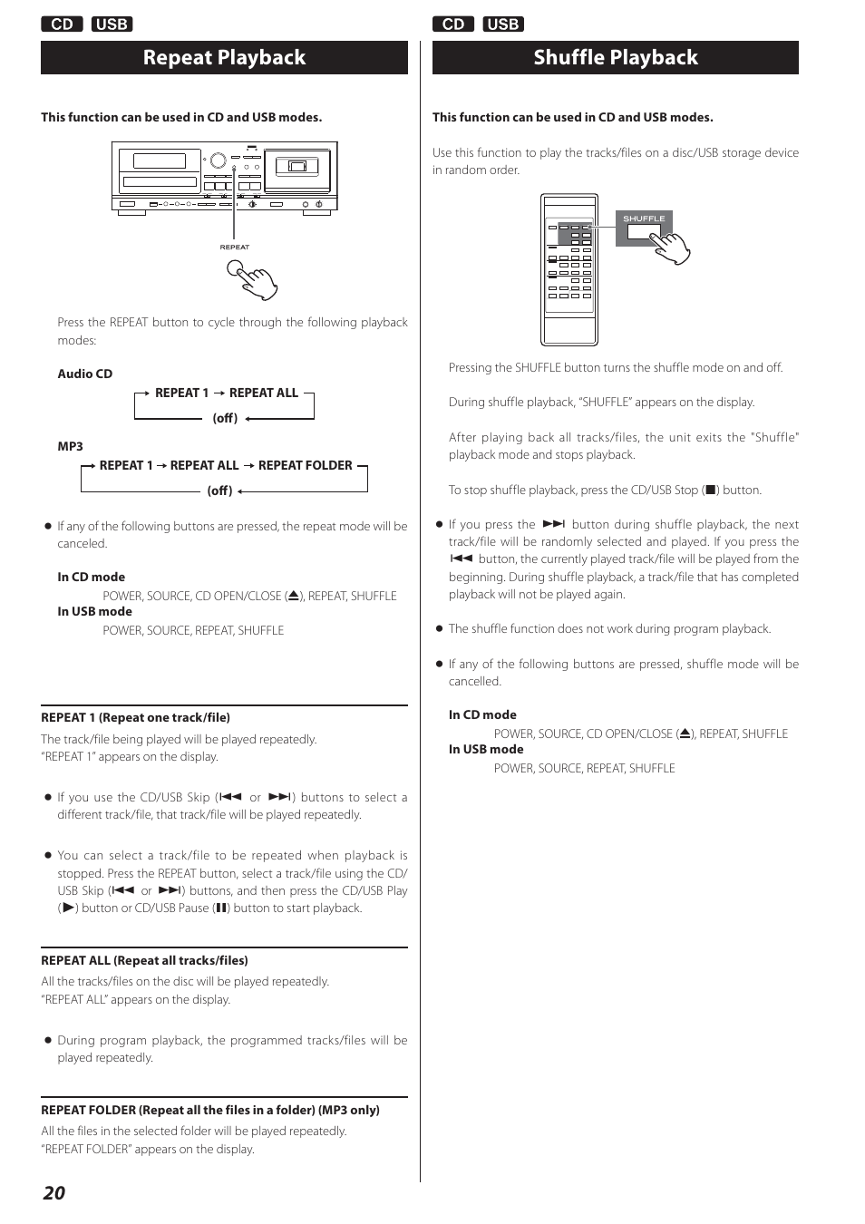 Repeat playback, Shuffle playback | Teac AD-800 User Manual | Page 20 / 112