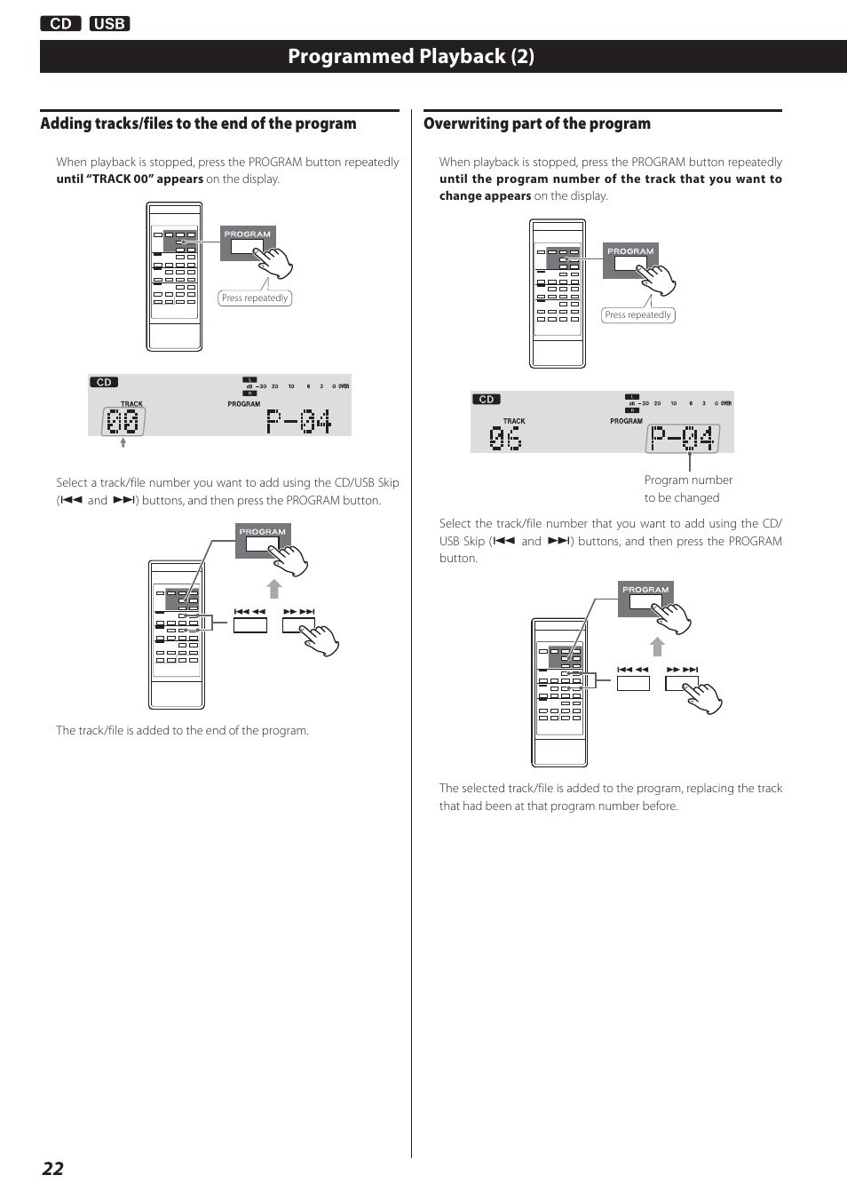 Programmed playback (2), Adding tracks/files to the end of the program, Overwriting part of the program | Teac AD-800 User Manual | Page 22 / 112