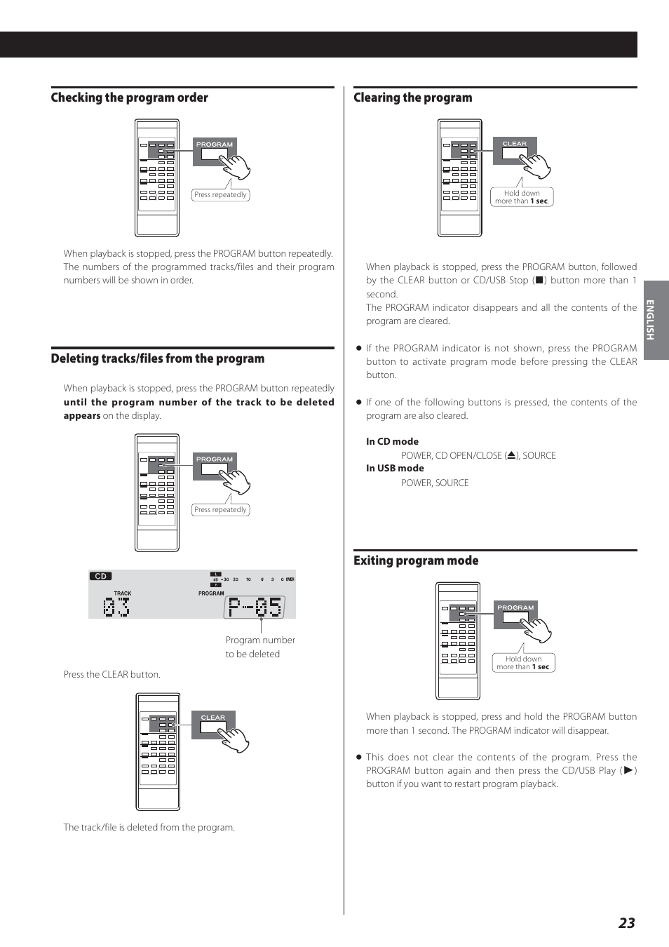 Clearing the program, Exiting program mode, Checking the program order | Deleting tracks/files from the program | Teac AD-800 User Manual | Page 23 / 112