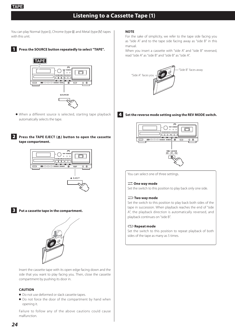 Listening to a cassette tape, Listening to a cassette tape (1) | Teac AD-800 User Manual | Page 24 / 112