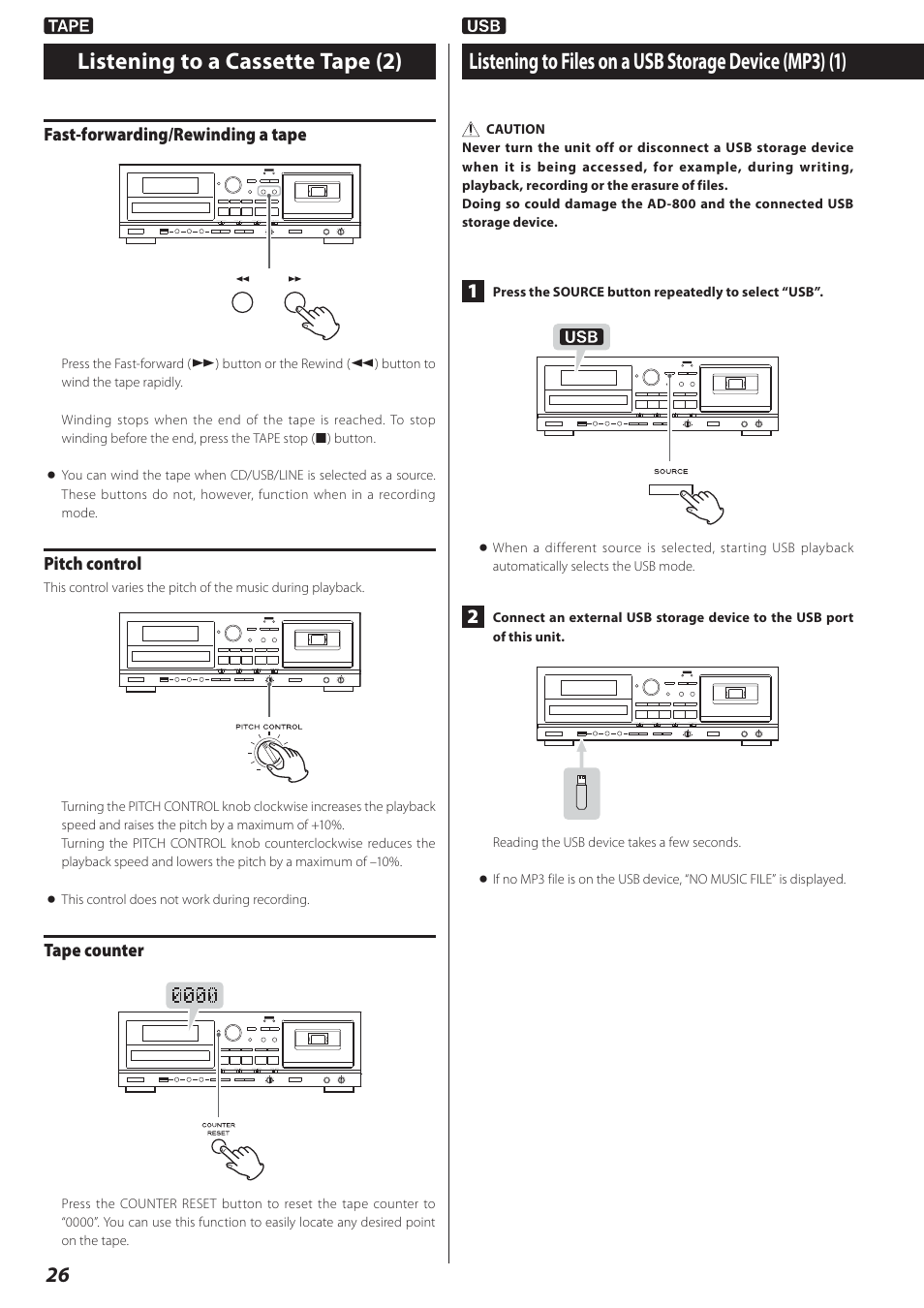 Listening to files on a usb storage device (mp3), Listening to a cassette tape (2) | Teac AD-800 User Manual | Page 26 / 112