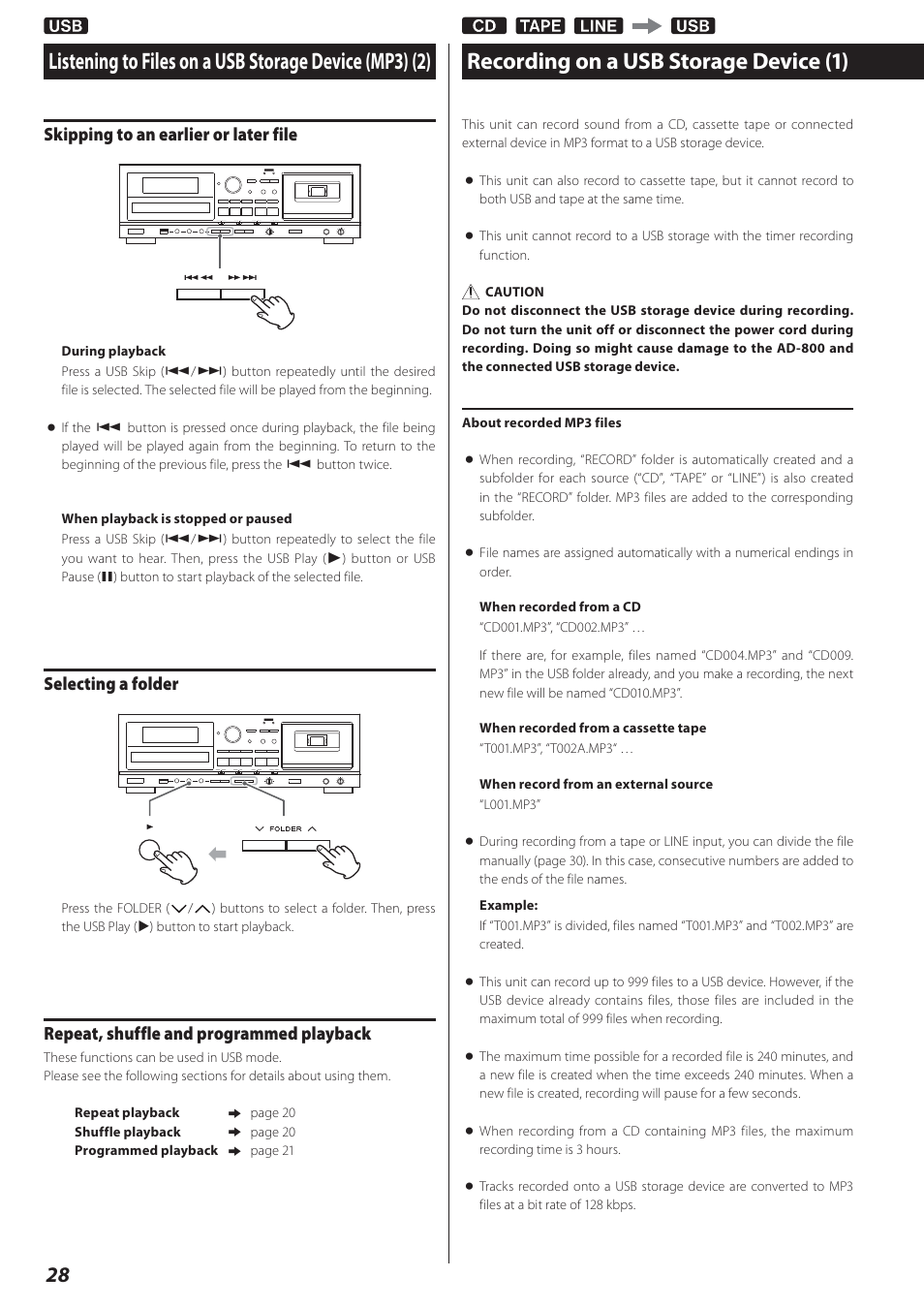 Recording on a usb storage device, Recording on a usb storage device (1), Skipping to an earlier or later file | Selecting a folder, Repeat, shuffle and programmed playback | Teac AD-800 User Manual | Page 28 / 112