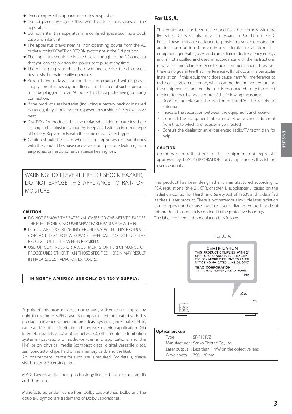 For u.s.a | Teac AD-800 User Manual | Page 3 / 112