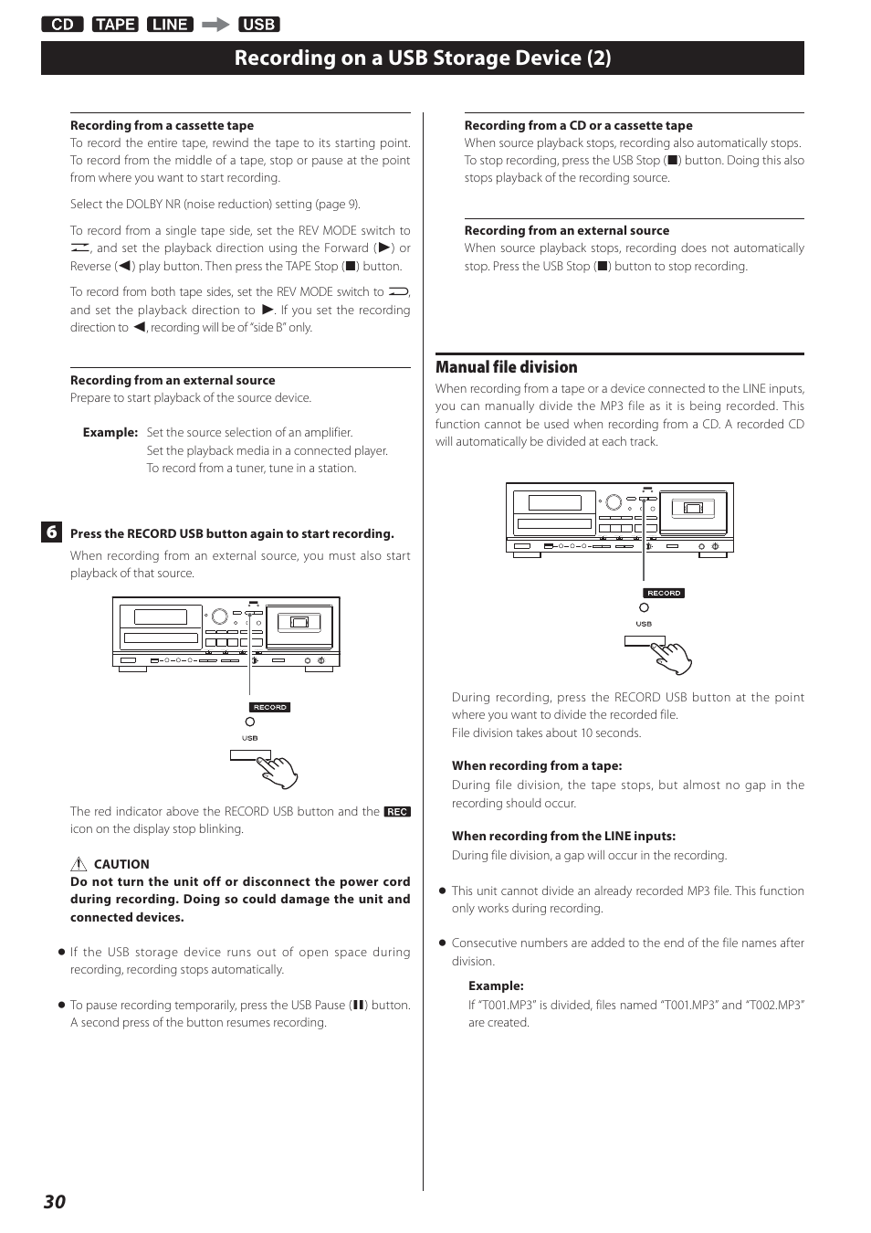 Recording on a usb storage device (2), Manual file division | Teac AD-800 User Manual | Page 30 / 112