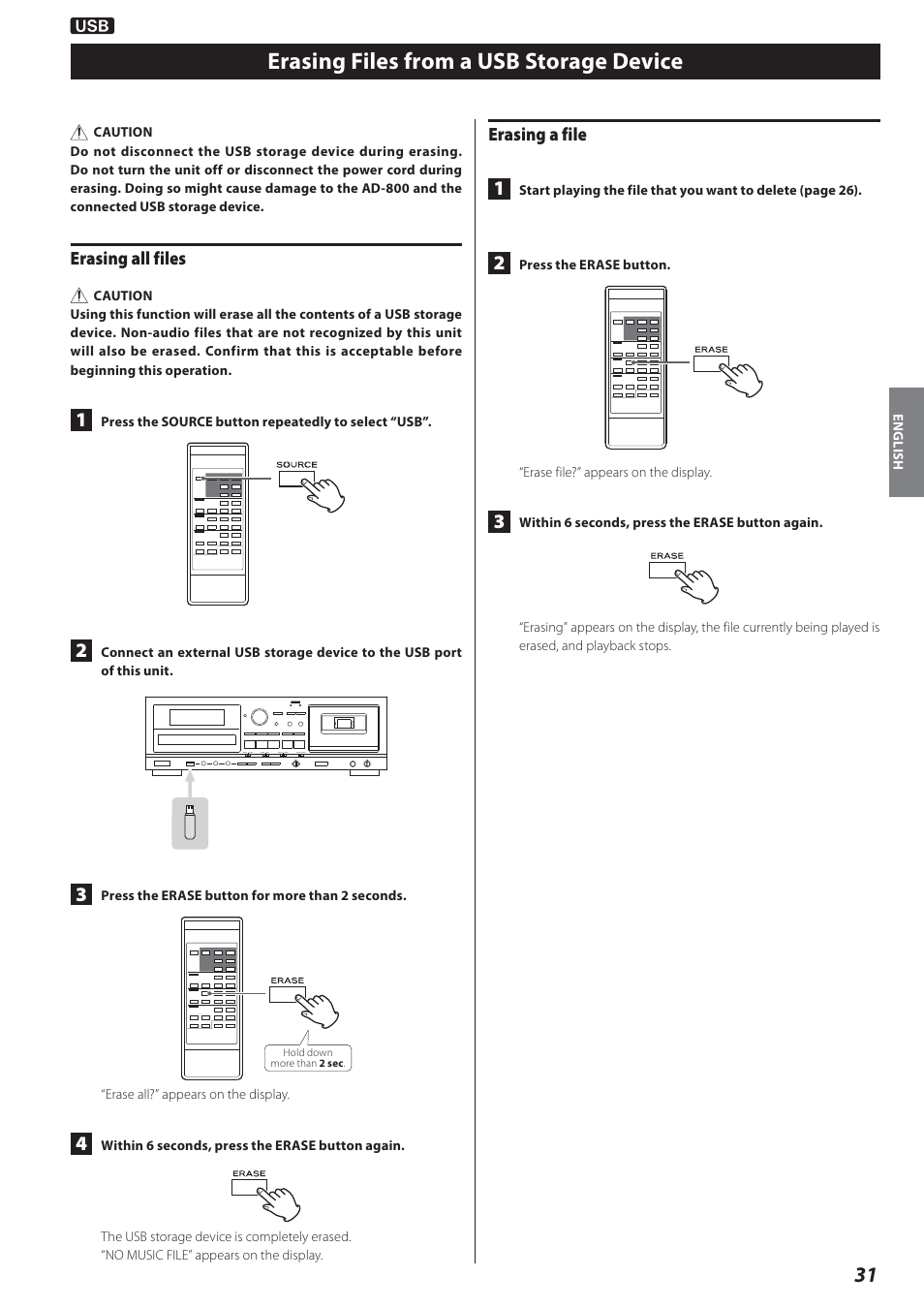 Erasing files from a usb storage device | Teac AD-800 User Manual | Page 31 / 112