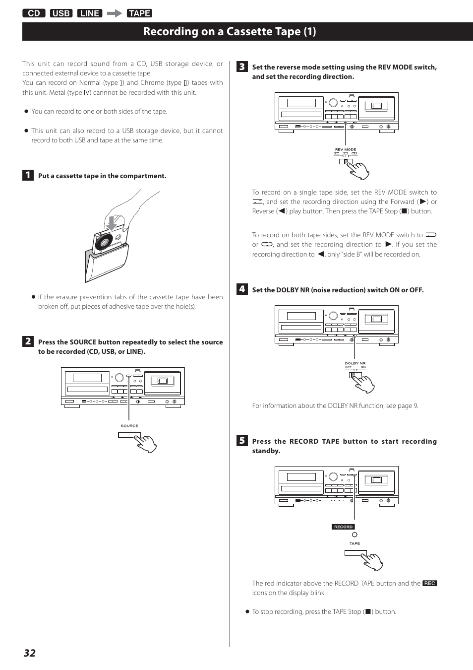 Recording on a cassette tape, Recording on a cassette tape (1) | Teac AD-800 User Manual | Page 32 / 112