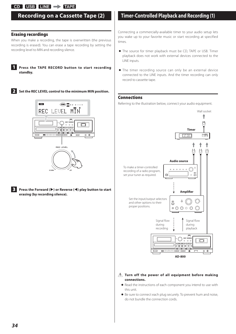 Timer-controlled playback and recording, Timer-controlled playback and recording (1), Recording on a cassette tape (2) | Erasing recordings, Connections | Teac AD-800 User Manual | Page 34 / 112