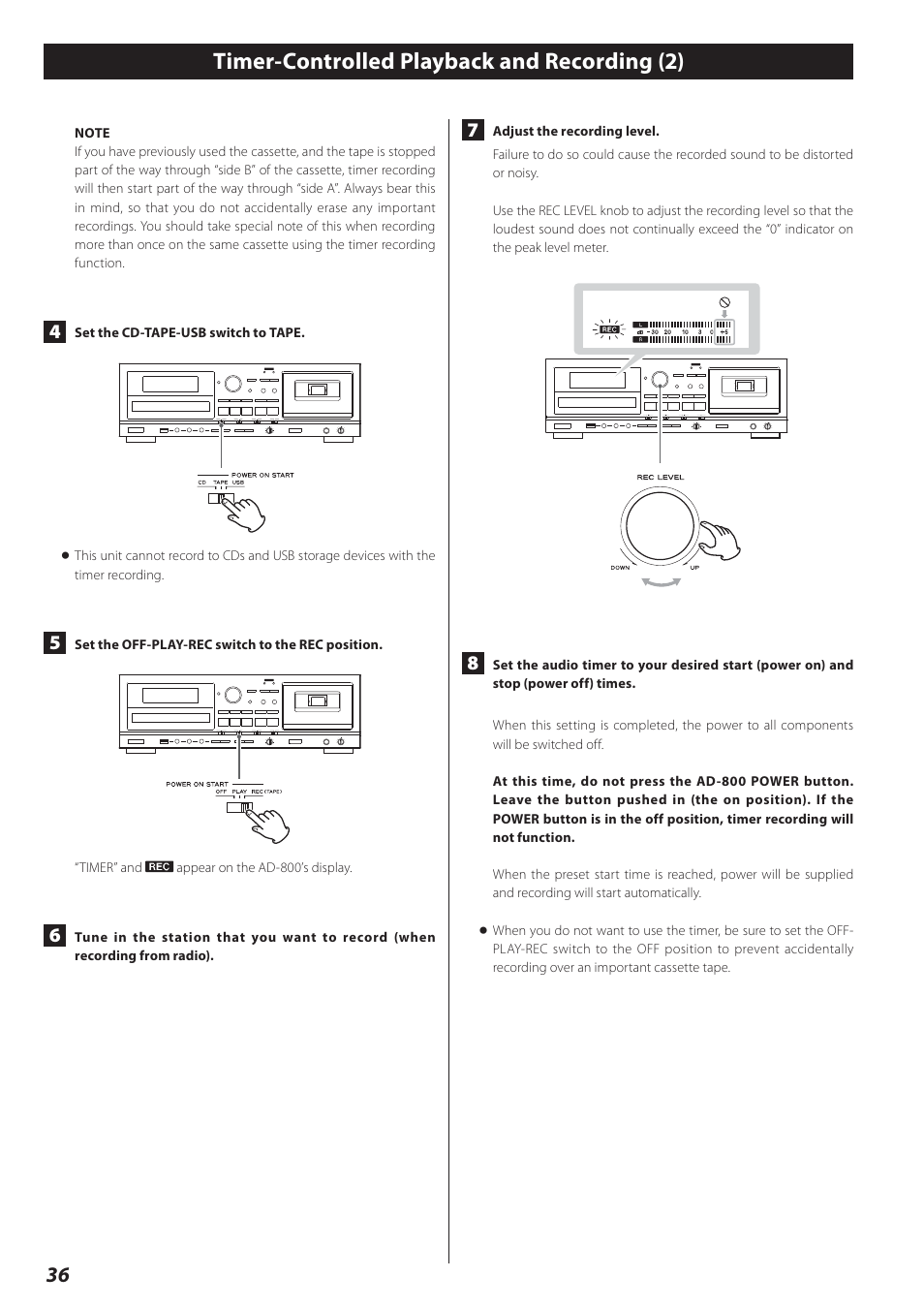 Timer-controlled playback and recording (2) | Teac AD-800 User Manual | Page 36 / 112