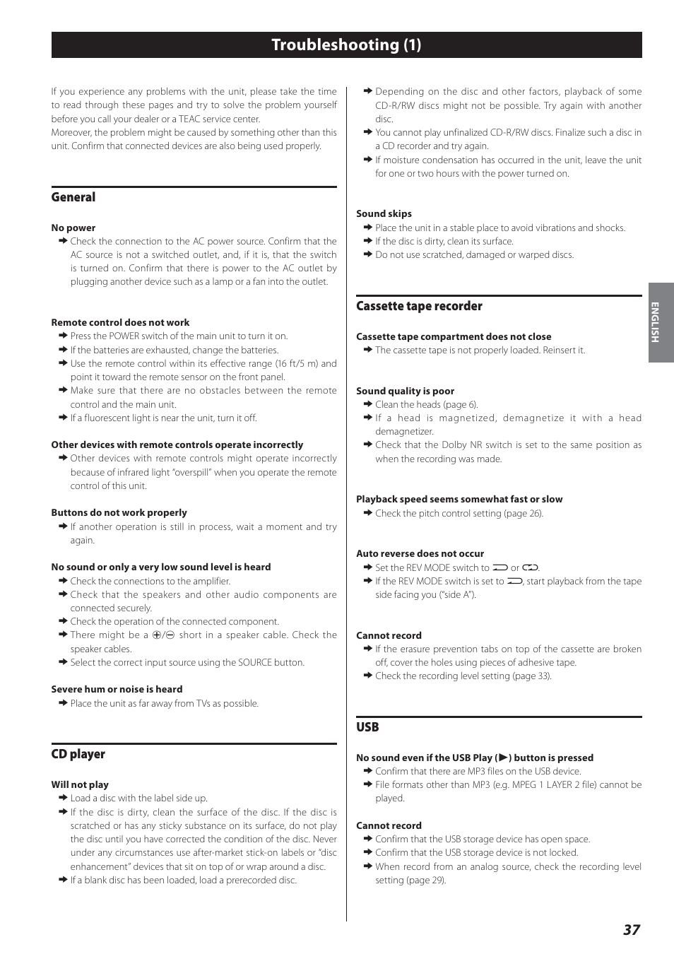 Troubleshooting, Troubleshooting (1), General | Cd player, Cassette tape recorder | Teac AD-800 User Manual | Page 37 / 112