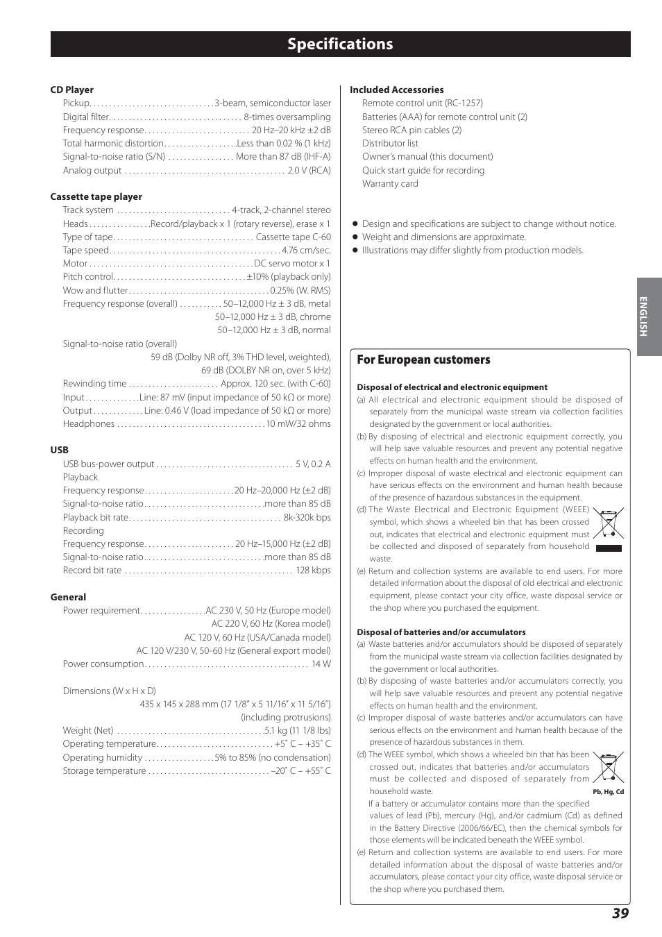 Specifications, For european customers | Teac AD-800 User Manual | Page 39 / 112
