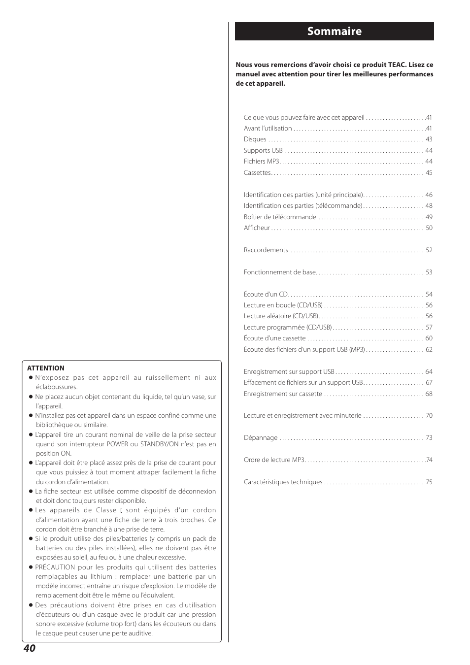 Sommaire | Teac AD-800 User Manual | Page 40 / 112